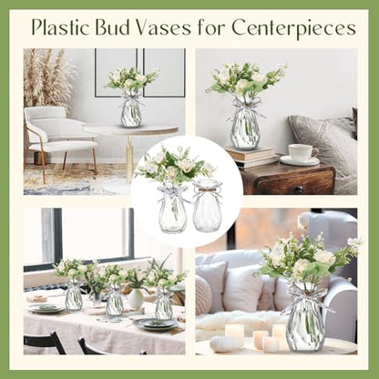 Set of 12 Pcs Small Plastic Bud Vases in Bulk with Gift Wrapping Ribbon, Vases for Flower, Wedding Centerpieces for Home Decor, Living Room, Office Decoration, Housewarming Party Gift (Clear)