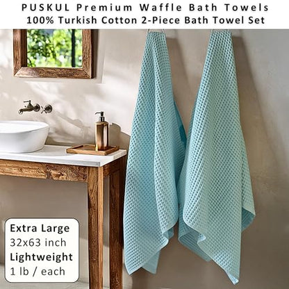 PÜSKÜL 2-Piece Natural 100% Turkish Cotton Waffle Bath Towels Extra-Large | Turquoise, 32x63" Bath Sheet Towel, Light Soft Absorbent Quick-Dry Lint-Free Premium Honeycomb Weave Oeko-Tex Made in Turkiye - color: Turquoise