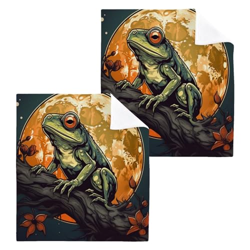 Kigai 4PCS Frogs Under Moonlight Towels Cotton Washcloths Set,Quick Drying & Absorbent Soft Bathroom Hand Towel Lightweight & Portable Fingertip Towel - size: 12x12Inches x4