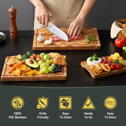 3 Pack Heavy Duty Bamboo Cutting Board Set Non Toxic Wooden Cutting Board for Kitchen Non Slip Solid End Grain Thick Wood Juice Groove Chopping Board Extra Large Butcher Block Best House Warming Gift - size: Multiple Sizes (Set of 3)