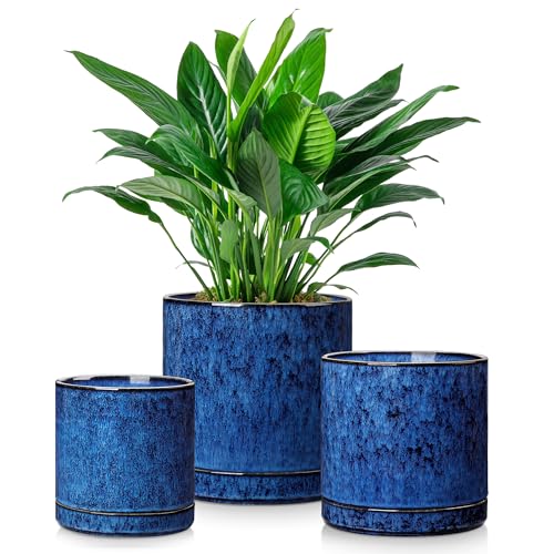 vancasso Ceramic Plant Pots, 3 Piece Planters for Indoor Plants, 4.25+5.25+6.25 Inch Flower Pots with Drainage, Plant Pots Indoor for Succulent, Pothos, Snake Plant and Money Tree, Etc (Blue) - color: Blue