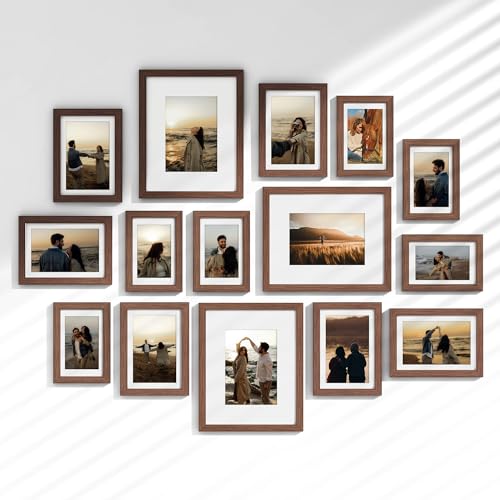 15 Pack Picture Frames Collage Wall Decor, Gallery Frame Set for Wall Mounting or Tabletop Display, Multi Sizes Including 3pcs 8x10, 6pcs 5x7, 6pcs 4x6, Walnut - color: Walnut