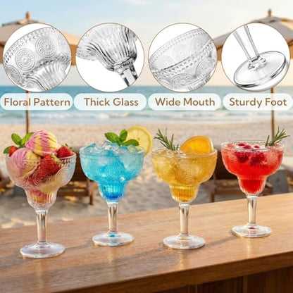 Pumtus 4 Pack 12 OZ Margarita Glasses, Vintage Clear Glass Coupe Cocktail Drinkware, Large Embossed Floral Stemmed Champagne Cup, Thick Manhattan Bar Glassware for Martini, Wine, Frozen Drinks