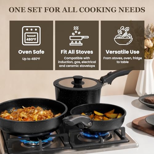 Nonstick Pots and Pans Set - 20 Pack KIKCOIN Stackable Cookware Set with Detachable Handle, RV Kitchen Cooking Set with Removable Handles - Oven Safe, Induction Ready (Black) - color: Black, size: 20 Pack