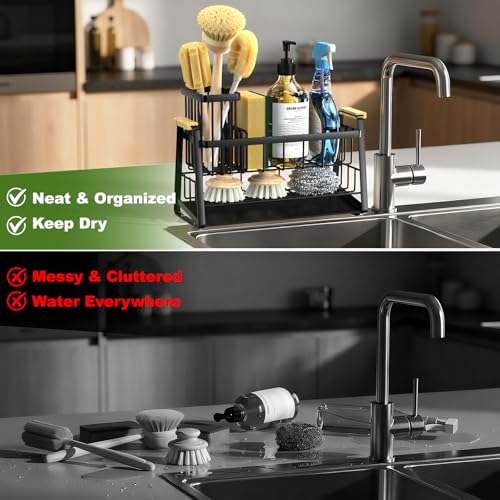 Housolution 2-Tier Sponge Holder for Kitchen Sink Caddy with Brush Holder | Auto-Draining, Suction Cups, Wooden Handle , Kitchen Sink Countertop Organization Storage, Dish Soap Holder, Rustproof, Black - color: Black