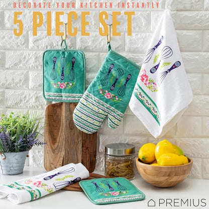 5 Piece Grandma's Whisks Printed Kitchen Linen Set, 2 Cotton Towels,2 Potholders,1 Oven Mitt with Hanging Loop, 100% Cotton Material on Front & Polyester Backing, Perfect Kitchen Accessory - color: Grandma's Whisks