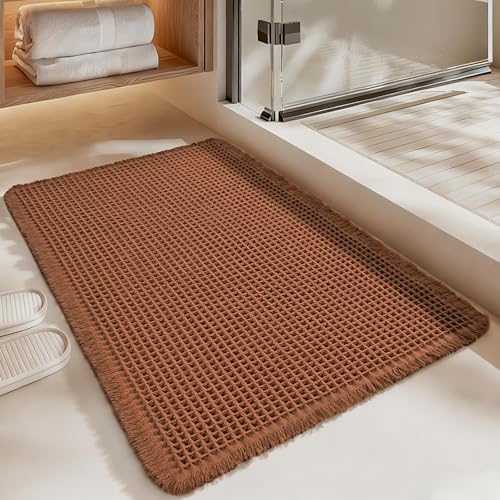 Luxury Waffle Bath Mat, Super Absorbent Non Slip Bathroom Rugs, Boho Ultra Soft Comfort Machine Washable Quick Dry Floor Mats with Tassels Coffee, 17" x 24" - color: Coffee, size: 17" X 24"