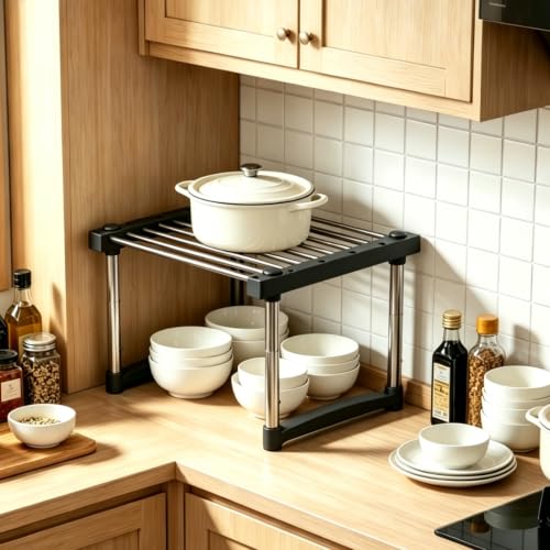 BLULEE Expandable Cabinet Organizer, Adjustable Storage Shelf Black | Multi-Purpose Plastic & Metallic Steel Storage Rack for Kitchen, Living Room, and Dorm Organization（1 Pack ） - color: Black, size: 1Pack