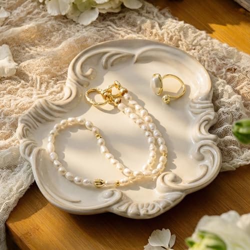 LYEOBOH Jewelry Tray, Ceramic Trinket Dish, Jewelry Dish for Rings Earrings Decorative Trinket Tray, Key Bowl, Retro, Vintage, Friendship Gifts for Mom Sister Birthday Christmas Housewarming, Beige - color: Beige
