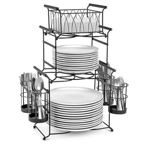 Sorbus® Buffet Caddy — 7-Piece Stackable Set Includes Plate, Napkin, and Silverware Holder, 3-Tier Detachable Tabletop Organizer — Ideal for Kitchen, Dining, Entertaining, Parties,Thanksgiving (Black) - color: Black