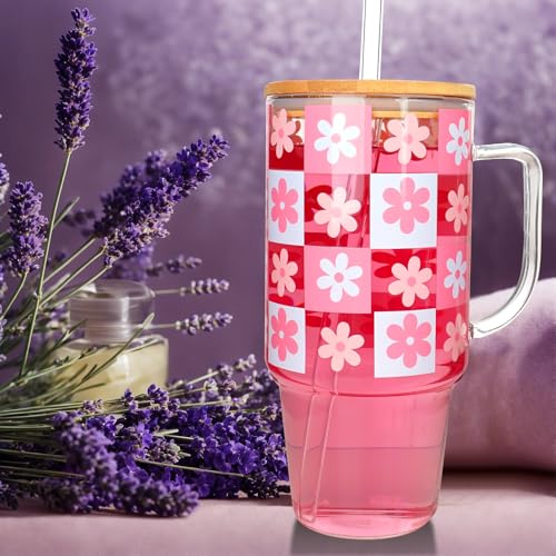 ANOTION Birthday Pink Glass Cup with Handle Gift Box for Women | Coquette Gift Basket for Her, Glass Cup with Handle, Fuzzy Socks, Knitted Coaster, Plush Bouquet - color: Pink-Flower
