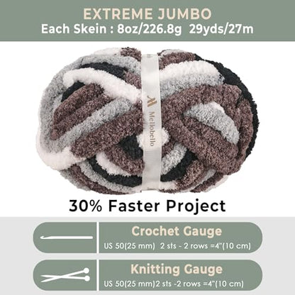 Jumbo Chunky Yarn for Hand Knitting - Super Thick Chenille Chunky Yarn for Crocheting - Extra Soft Bulky Fluffy Blanket Big Yarns 8 Jumbo Pack (27yds,8 oz Each Skein) - color: Urban Ash