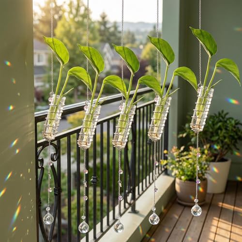 6Pcs Hanging Plant Propagation Station with Crystal Ball Prisms Suncatcher | Window Hanging Propagation Station and Cleaning Brush, Glass Plant Suncatcher for Indoor Wall Gifts for Plants Lovers(Silver) - color: Silver