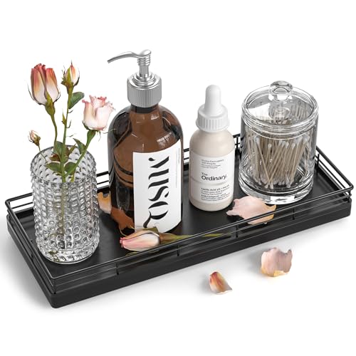 Bathroom Tray for Counter, Oak Wood 11" L Small Vanity Tray for Dresser Tops Perfume Jewelry Makeup Candle Soap Sponge Holder for Kitchen Countertop Organizer Coffee Table Decor Bar Black - color: Black, size: 11" x 4.3" x 1.5"