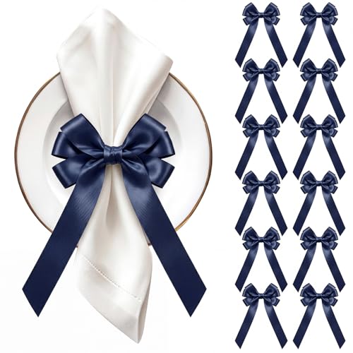Bow Napkin Rings Set of 12 Navy Blue Ribbon Candlestick Decor | Ribbon Charm for Wine Glasses Candle Holders Gift Wrap, Wedding Bridal Shower Party Table Decor, Bulk Ties Coquette Aesthetic - color: Navy Blue