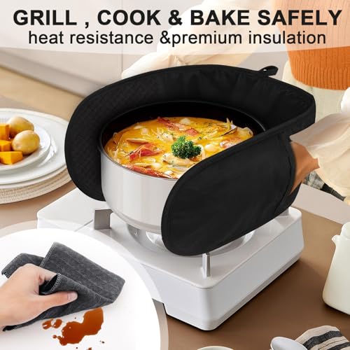 Philorn Black Double Oven Mitts, Heat Resistant 260℃ Silicone Glove | Waterproof Kitchen Gloves Oven Extra Long Oven Mitts with Non-Slip Silicone Surface for Baking, Cooking, BBQ - color: Black 1