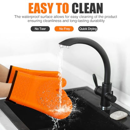Silicone Oven Mitts, Heat Resistant 2PCS Oven Mitts with Soft Cotton Lining, Waterproof Non-Slip Grip Oven Glove, Kitchen Potholder Mits for BBQ, Baking, Cooking, 12.5 Inch - Orange - color: Orange