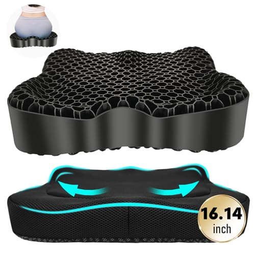 Gel Seat Cushion, Thickened Big Breathable Honeycomb Design Absorbs Pressure Points Gel Cushion with Anti-Slip Cover Seat Cushion for Office Chair Home Car Seat Cushion for Wheelchair - color: Black, size: X-Large(16.1"*14.2"*2.95")