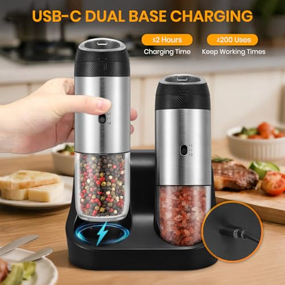 Rechargeable Gravity Electric Salt Grinder Set,Stainless Steel | with Variable Grinding Speed, External Adjustable Coarseness,Charging Base and White LED Light - color: Stainless Steel with Charging Base