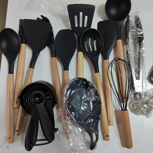 Silicone Cooking Utensils Set, 33PCS Kitchen Gadgets Tools with wooden Handle, Spoons, Spatulas, Whisk, Dishwasher Safe (Cream White, Set of 33)