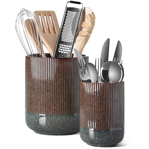 LE TAUCI Utensil Holder for Kitchen Counter, 7.3"+5.4" Fluted Ceramic Utensil Crock Organizer for Countertop, Heavy Large Holder for Spatulas, Spoons, Set of 2, Olive Brown Marble - color: Olive Brown Marble