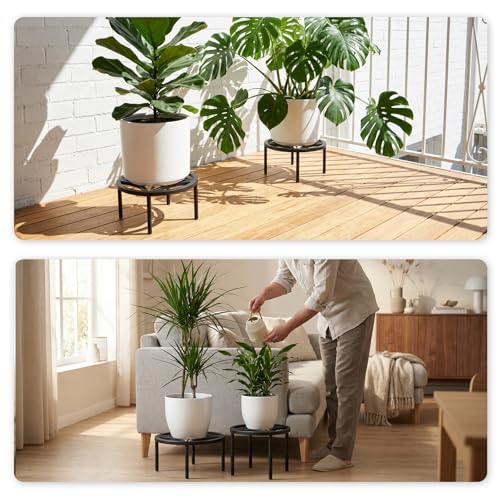 TOSKING 2-Pack Fully Assembled Heavy Duty Low Metal Plant Stand, Geometric Flower Pot Holder for Heavy Potted Plant, Rustproof Iron Plant Riser with Adjustable Feet, 200 LBS Capacity, No Installation Required,Indoor/Outdoor, Black (10.24"Dia x 5.3"H) - co