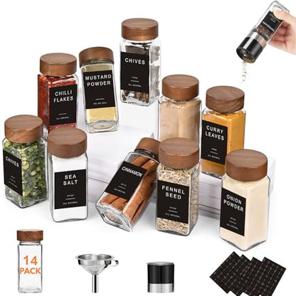 Glass Spice Containers for Kitchen: 14P 4oz Dishwasher Safe Jars | Durable Glass Jars for Cooking Enthusiasts- Airtight Acacia lid 500X Open-Close no Loose - Gift/Daily Use for Housewives