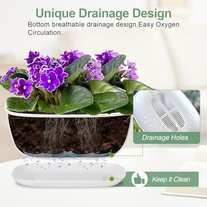 Set of 8 White Oval Shallow Herb Garden Planters with Drainage Holes and Trays (8.66 Inch) Plant Pots for Herbs Basil Orchids Succulents, Modern Herb Garden Planter for Indoor/Outdoor Plants - size: 8.66 x 6.1 x 3.39-inch