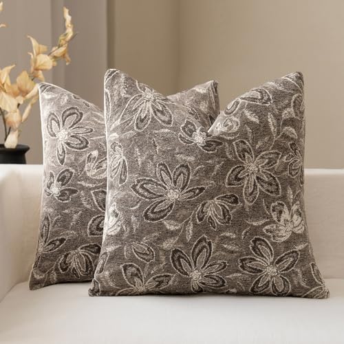 FIOUOVO Floral Throw Pillow Covers 18x18 Set of 2 Farmhouse Pillow Covers Vintage Neutral Accent Pillowcases Decorative Cushion Covers for Sofa Couch Living Room Bedroom Home Decor, Taupe - color: Taupe, size: 18" x 18" (Pack of 2)