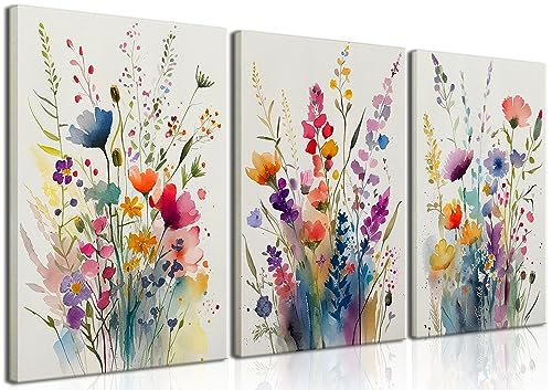KISSFOX 3 Piece Canvas Wall Art Wildflowers Wall Decor Floral Pictures Botanical Paintings Colorful Prints Watercolor Artwork For Bedroom Bathroom Living Room - color: Colorful, size: 12x16 In Canvas