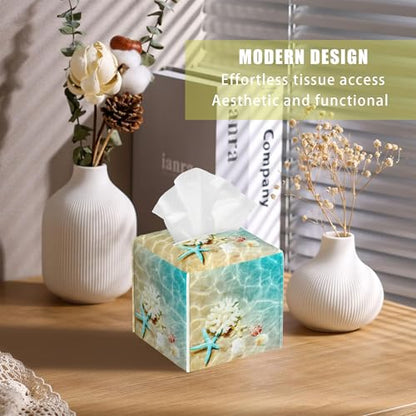 Summer Beach Leather Tissue Box Holder Starfish and Seashell Tissue Box Cover Facial Paper Case Organizer Cube Napkin Dispenser for Bathroom Vanity Countertop Night Stand Office Car - color: Starfish and Seashell