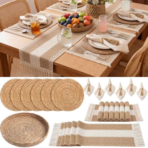 6 Sets Khaki Kitchen Decor,Table Setting Decor with Round Woven,Rectangular,Wooden Bead Napkin Rings,Cloth Napkins,Table Runner & Storage Basket,Natural Burlap Cotton for Kitchen Dining Table Home - color: Khaki