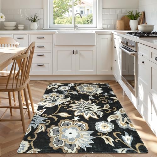 Lahome Floral Washable Living Room Area Rug - 3x5 Non-Slip Low-Pile Rugs for Entryway, Throw Small Stain Resistant Kitchen Rugs Soft Black Paisley Print Carpet for Office Bedroom Laundry Room Office | Low-Pile Small Stain Resistant Kitchen Rug, Soft Black
