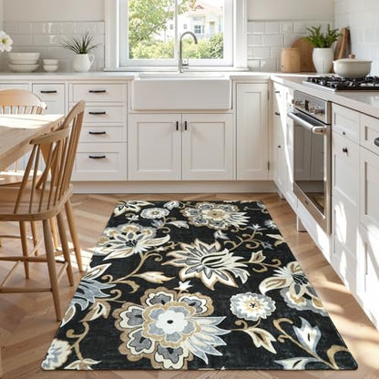 Lahome Floral Washable Living Room Area Rug - 3x5 Non-Slip Low-Pile Rugs for Entryway, Throw Small Stain Resistant Kitchen Rugs Soft Black Paisley Print Carpet for Office Bedroom Laundry Room Office | Low-Pile Small Stain Resistant Kitchen Rug, Soft Black