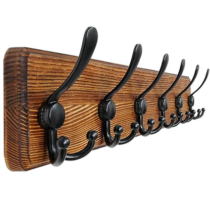 Coat Rack Wall Mounted - 24" Long 6 Tri Hooks, Heavy Duty Wooden Wall Coat Hanger Coat Hook for Clothes Hat Jacket Clothing, Natural and Black - color: Natural & Black, size: L=24"