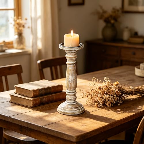 Hosley Farmhouse Wood Pillar Candle Holders Set of 2 – 12” Distressed Finish Tall Candlesticks for Table Centerpieces, Living Room, Wedding & Rustic Home Décor - size: 12 inch high x 2 Count