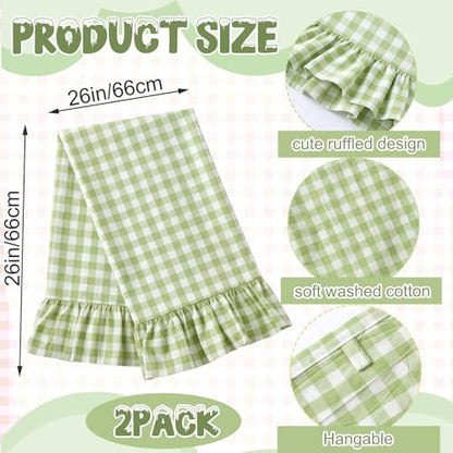 HunnmingRe Mint Green Kitchen Towels Set of 2, 100% Cotton Ruffled Gingham Dish Towels 18"x28" Tea Cloths Classic Plaid Pattern for Farmhouse Charm, Drying Dishes, Entertaining Guests - color: Mint Green, style: Gingham