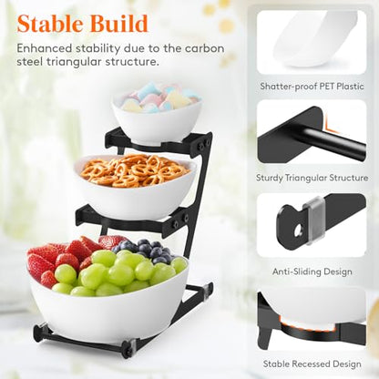 Lifewit 3 Tier Plastic Serving Bowls for Party, Chip and Dip Serving Set | Tiered Serving Tray with Black Metal Stand for Fruit, Snack, Crack-Proof Platter for Buffet Display, Party Hosting Essentials - color: Black