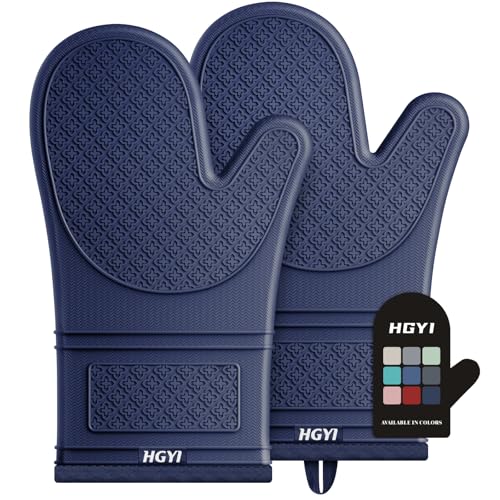 Silicone Oven Mitts, Heat Resistant Oven Gloves with Quilted Liner, Waterproof & Non-Slip Kitchen Mittens for Baking Cooking BBQ, 500°F, 12.5"-Ink Blue - color: Ink Blue