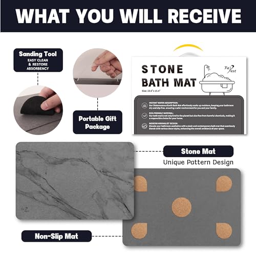 2 Pack Stone Bath Mat,Diatomaceous Earth Shower Mat,Fast-Drying Stone Bathroom Floor Mat,Absorbent Non-Slip Diatomite Mats for Bathtub,Grey Marble - color: Grey Marble-24*16-2 Pack