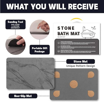 2 Pack Stone Bath Mat,Diatomaceous Earth Shower Mat,Fast-Drying Stone Bathroom Floor Mat,Absorbent Non-Slip Diatomite Mats for Bathtub,Grey Marble - color: Grey Marble-24*16-2 Pack