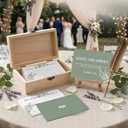 Eucalyptus Advice and Wishes for the Mr and Mrs - 60 Pack Wedding Message Cards with Box - Elegant Bridal Shower Game & Anniversary Guest Book Alternative - color: GREEN EUCALYPTUS