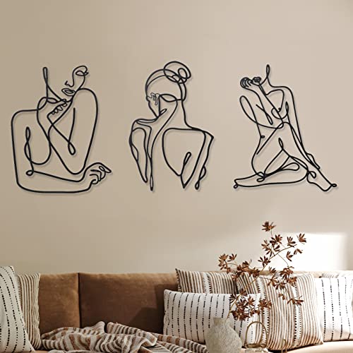 Photect 3 Pcs Metal Wall Art Decor Minimalist Abstract Woman Wall Art Metal Modern Line Drawing Decor Female Single Line Home Hanging for Bedroom Bathroom Living Room Housewarming (Modern,Black) - color: Black, style: Modern