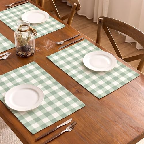 Sage Green Gingham Party Placemats Green and White Checkered Plaid Table Mats for Birthday Bridal Baby Shower Party Dining Table Decorations (12" x 18") - size: 12" x 18"