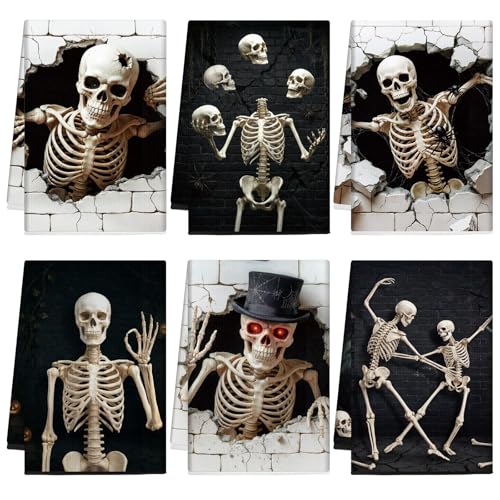 Ganeen 6 Pcs Halloween Skull Kitchen Towels Gothic Skeleton Dish Hand Towels Decorative Tea Washtowels 14.2 x 21.3 for Bathroom Kitchen Goth Horror Decor Gifts - color: Skeleton