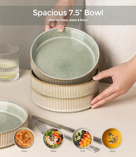 GBhome 7.5 Inch Pasta Bowls Set of 4, Ceramic Salad Bowls, Sage Desert | Double Reactive Glaze Bowls for Pasta, Noodles & Fruit, Scratch Resistant, Microwave & Dishwasher Safe - color: Sage Desert, size: Set of 4