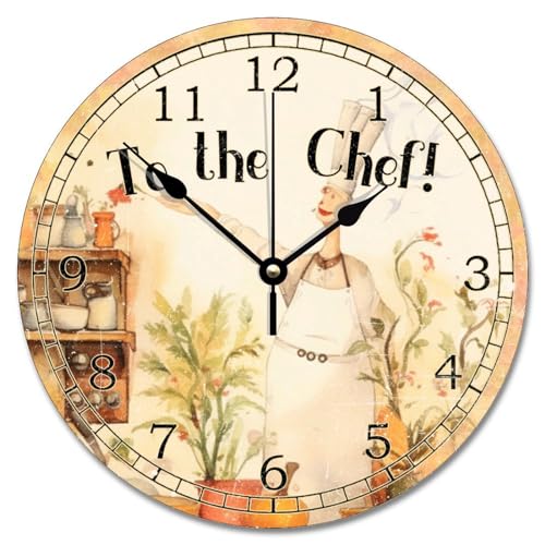 Chef Wall Clock Kitchen Dinning Large Wooden Wall Clocks Battery Operated 10 Inch Non-Ticking Farmhouse Decor Retirement Living Room Decor Gift for Man Woman Friend Anniversary - color: Style-1, size: 10x10 in