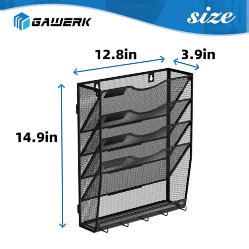 Gawerk 5-Tier Hanging Wall File Organizer with 5 Hooks - Wall Mounted Mail Paper Document Folder Holder, Sturdy Mesh Magazine Rack for Office Home - size: 4+1 Tier