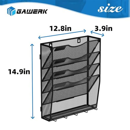 Gawerk 5-Tier Hanging Wall File Organizer with 5 Hooks - Wall Mounted Mail Paper Document Folder Holder, Sturdy Mesh Magazine Rack for Office Home - size: 4+1 Tier
