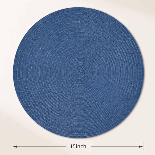 FunWheat Round Braided Placemats Set of 6 Place mats for Dining Tables Woven Heat Resistant Table Mats 15 inch (Blue,6pcs) - color: Solid Blue, size: 6pcs